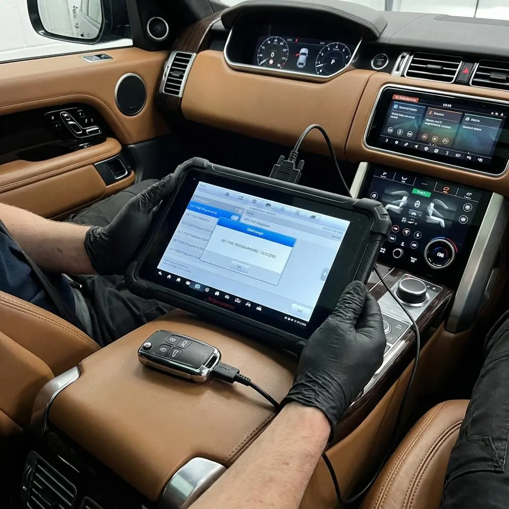 Técnico com luvas usando equipamento de programação conectado a uma chave automotiva dentro do veículo